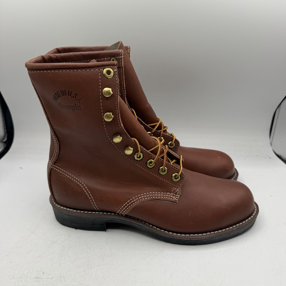 Vintage Georgia Work Boots Mens Sz 8 Brown Leather Safety Toe Combat USA 03263
